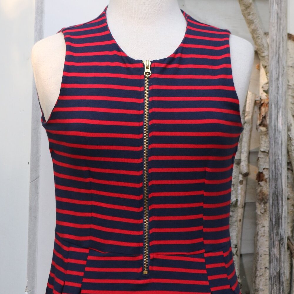 Duffield Lane Red Blue Stripe Zipper Front Pleated A-Line Knit Dress Sz SMALL - Picture 3 of 7